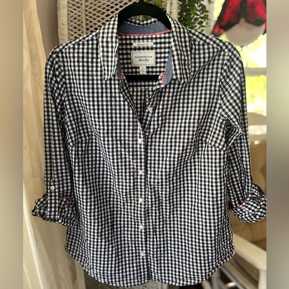 Charter Club Size 8 Navy Blue & White Gingham Checkered Cotton Button Down - Picture 9 of 9